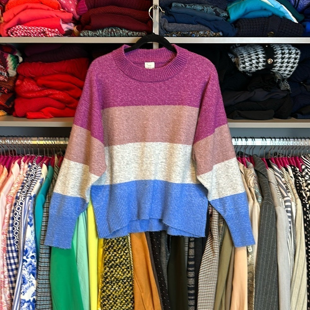 A New Day fushia/mauve/gray/blue striped long sleeve crew neck sweater size S